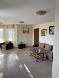 a living room with a couch and a coffee table at Casa Andrei in 2 Mai