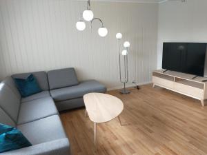 uma sala de estar com um sofá, uma mesa e uma televisão em Leinastova em Sandshamn