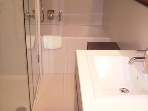 W łazience znajduje się prysznic i umywalka. w obiekcie Appartements Christa w mieście Dobbiaco