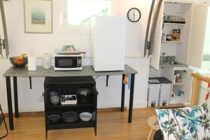 a kitchen with a table with a microwave on it at SEAVIEWS Oak Beach in Oak Beach