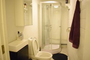Apartment with shared bathroom in central Kiruna 2 في كيرونا: حمام مع دش ومرحاض ومغسلة