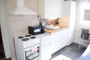 a small kitchen with a stove and a microwave at Apartment with shared bathroom in central Kiruna 1 in Kiruna