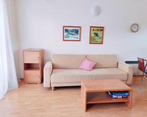 ein Wohnzimmer mit einem Sofa und einem Tisch in der Unterkunft Apartmán 302 Oščadnica in Oščadnica