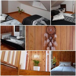 un collage de cuatro fotos de camas en una habitación en Le pti colibri d Olivier, en Salazie