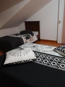 a bedroom with two beds and a rug at Le pti colibri d Olivier in Salazie