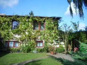 a building covered in ivy with a yard at Cozy Apartment in Alt Bukow Germany with Garden in Alt Bukow