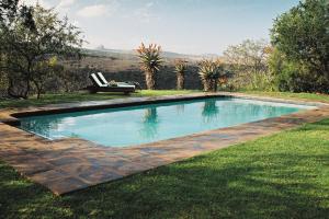 ein Pool im Gras mit einer Bank daneben in der Unterkunft Fugitives Drift Lodge in Rorkeʼs Drift