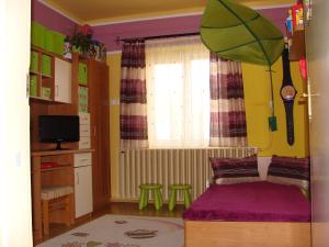 ギェネシュディアーシュにあるApartment Gyenesdias 13のベッドと窓が備わる小さな客室です。