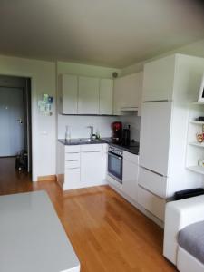 kuchnia z białymi szafkami i drewnianą podłogą w obiekcie Ferienwohnung Blick am Mittagskogel w mieście Velden am Wörthersee