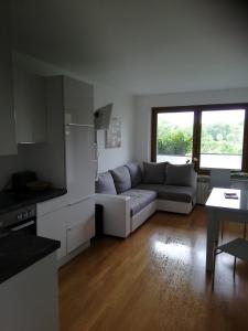 salon z kanapą i kuchnią w obiekcie Ferienwohnung Blick am Mittagskogel w mieście Velden am Wörthersee
