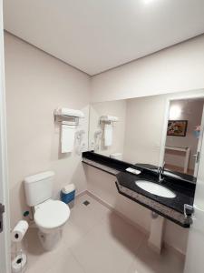 uma casa de banho com um WC, um lavatório e um espelho. em Charles Hotel em Porto Ferreira