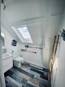 uma casa de banho com um WC e uma clarabóia em Gîte « Au bord des Embruns » em Grandcamp-Maisy