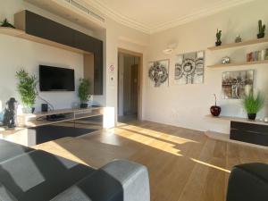 a living room with a couch and a tv at VICTOR HUGO - Modern and sunny, terrace, 2 baths in Nice