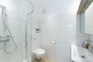 e bagno con doccia, servizi igienici e lavandino. di Villa Bella Vista - Apartment Green a Pörtschach am Wörthersee