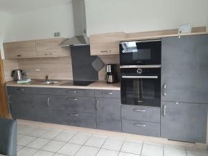 a kitchen with gray cabinets and a black appliances at Landsitz Riekenshof in Horumersiel in Wangerland