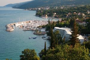 an aerial view of a harbor with boats in the water at Apartments Liliane Fantasy view in Opatija