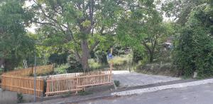 a wooden fence next to a tree and a road at Sonnhof Ressl in Klosterneuburg