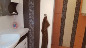 a bathroom with a sink and a shower curtain at Сара in Gabrovo +6 photos