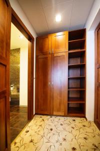 a walk in closet with wooden cabinets and shelves at Hotel Slávie Pelhřimov in Pelhřimov