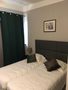 um quarto com uma cama com uma cortina verde em Hotel Dorele em Montargis