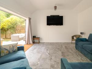 a living room with two blue couches and a television at The Glass House in Hunstanton