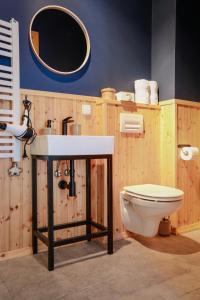 a bathroom with a sink and a toilet at Apartament z ogrodem w centrum Limanowej in Limanowa