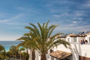 a palm tree in front of a white building with the ocean at Belmar Spa & Beach Resort in Lagos