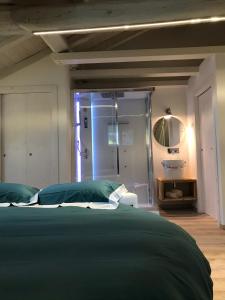 Casa Tifra في Breguzzo: غرفة نوم بسرير اخضر ومرآة
