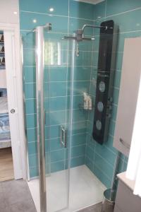 y baño con ducha y puerta de cristal. en Petit studio CYPRÈS du BOIS en Noirmoutier-en-l'lle