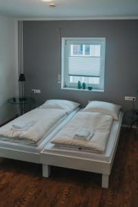 1 dormitorio con 2 camas y ventana en Three Corners en Grenzach-Wyhlen