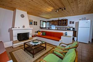 a living room with an orange couch and a fireplace at Agrampeli in Ierissos