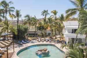 an aerial view of a resort pool with palm trees at Hotel & Suites El Moro in La Paz