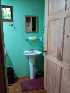 a bathroom with a sink and a mirror and a door at The Green Tree Lodge in Monteverde Costa Rica