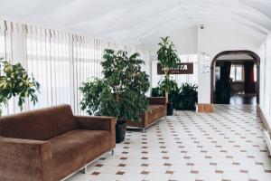 a lobby with brown couches and potted plants at Hotel Avanta in Vladivostok