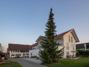 un gran pino frente a un edificio en Ferienhof Haas en Friedrichshafen