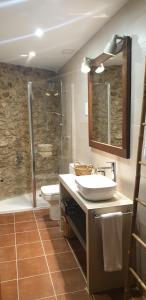 La salle de bains est pourvue d'un lavabo, de toilettes et d'une douche. dans l'établissement Ca l'Arcadi, à Alforja