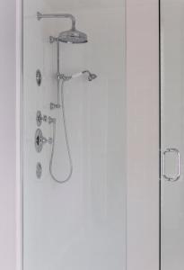a shower in a bathroom with a glass door at The Inn at Hastings Park, Relais & Châteaux in Lexington
