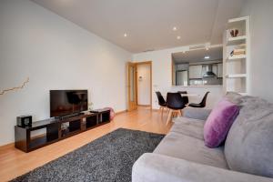 a living room with a gray couch and a television at Malvarrosa Beach Apartment in Valencia