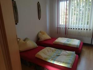 2 camas en una habitación con ventana en Ländliche Erholung 3 en Thiemendorf