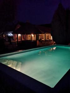 basen oświetlony w nocy w obiekcie Oázis Üdülő Tiszafüred w mieście Tiszafüred