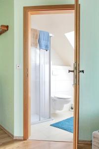 een badkamer met een toilet en een glazen deur bij Gasthaus Schadde in Vlotho
