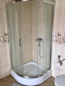 prysznic ze szklaną obudową w łazience w obiekcie Pokoje z widokiem w mieście Chrzypsko Wielkie