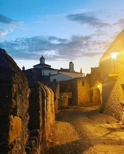a stone alley with a building in the background at Hostal León in Trujillo