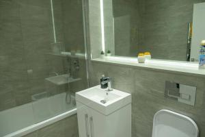 y baño con aseo, lavabo y ducha. en Maplewood properties - St Albans one bedroom luxurious flat en Saint Albans