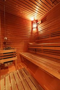 uma sauna de madeira com um banco e uma luz em Hotel Skicentrum em Harrachov