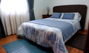 1 dormitorio con 1 cama con manta azul y blanca en Casamary Planta Baja en Pontevedra