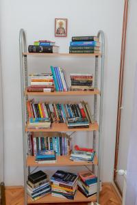 une étagère remplie de livres à côté d'un mur dans l'établissement Apartman Marija, à Pirot