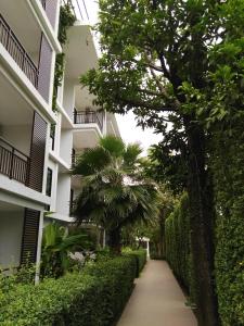 um passeio em frente a um edifício com uma palmeira em The Title Rawai Beach West Wing em Cidade Phuket