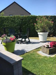 two potted plants and a picnic table in a yard at GITE D'Hotlîs in Aywaille