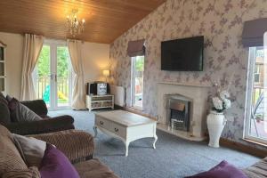 a living room with a fireplace and a tv at Nualas Holiday Lodge York in Wilberfoss